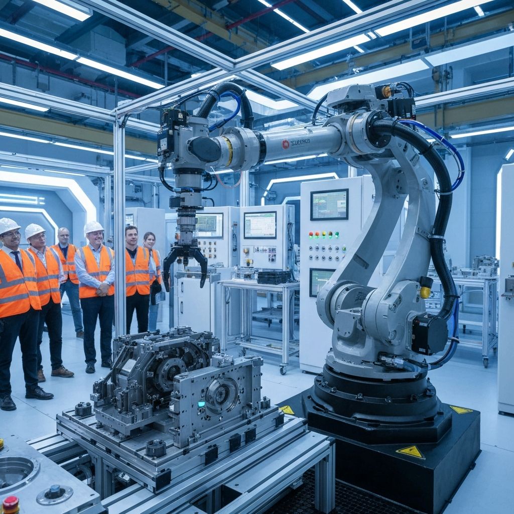 Industrial automation project demonstration showing robotic assembly