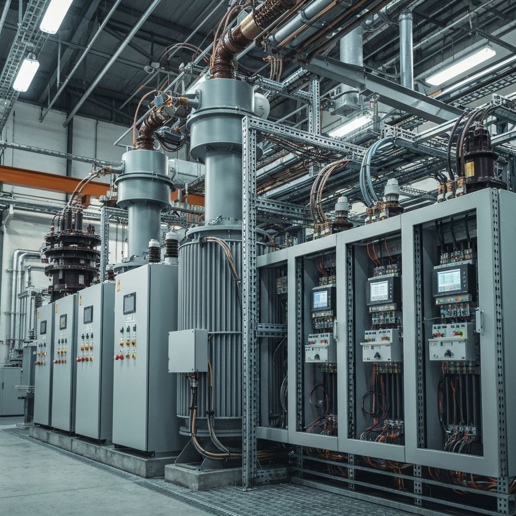 Industrial electrical installation with wiring and control cabinets