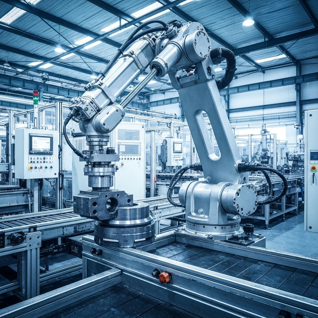 Industrial factory automation with robotic arm in production line