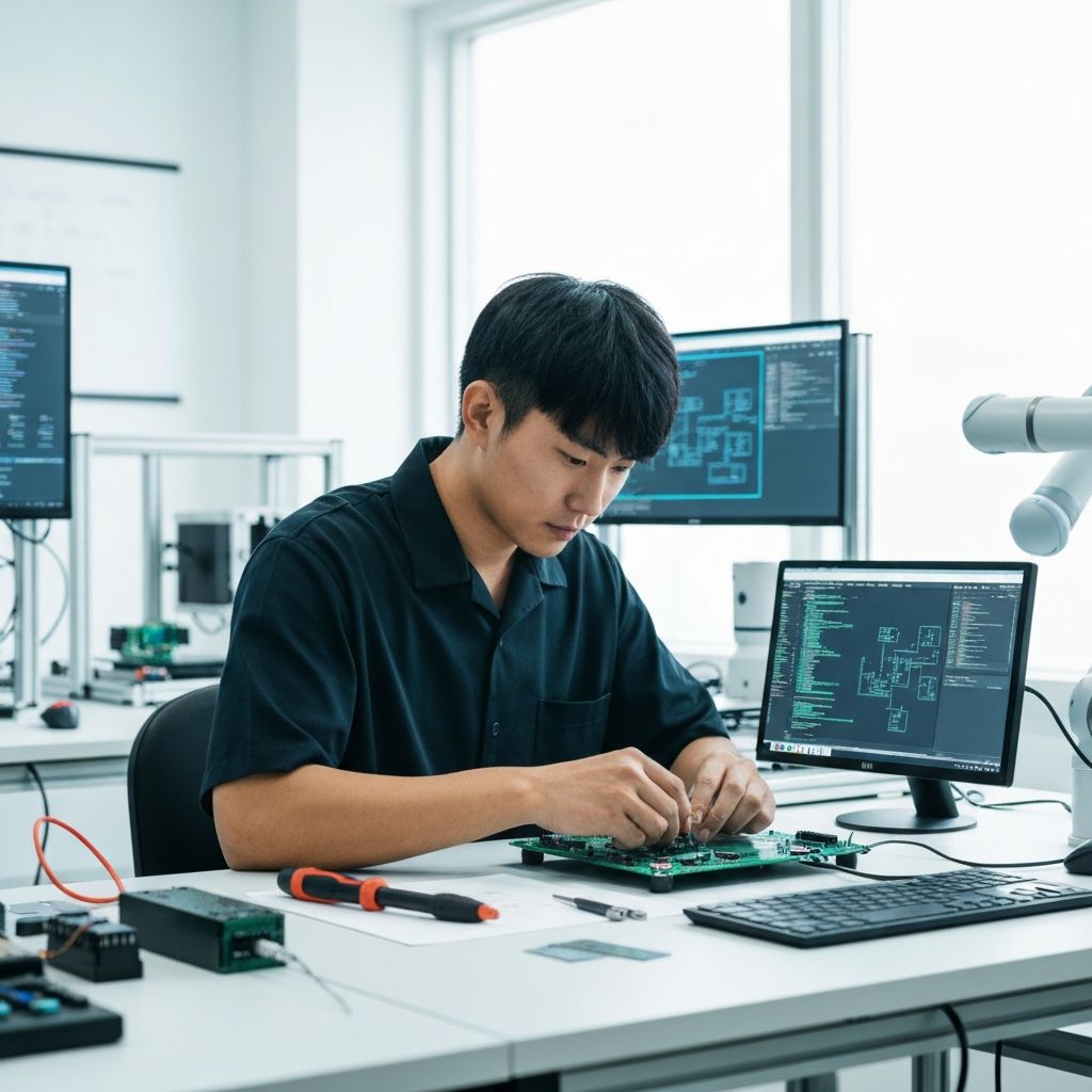 Modern electrical engineering technology workspace with tools and equipment