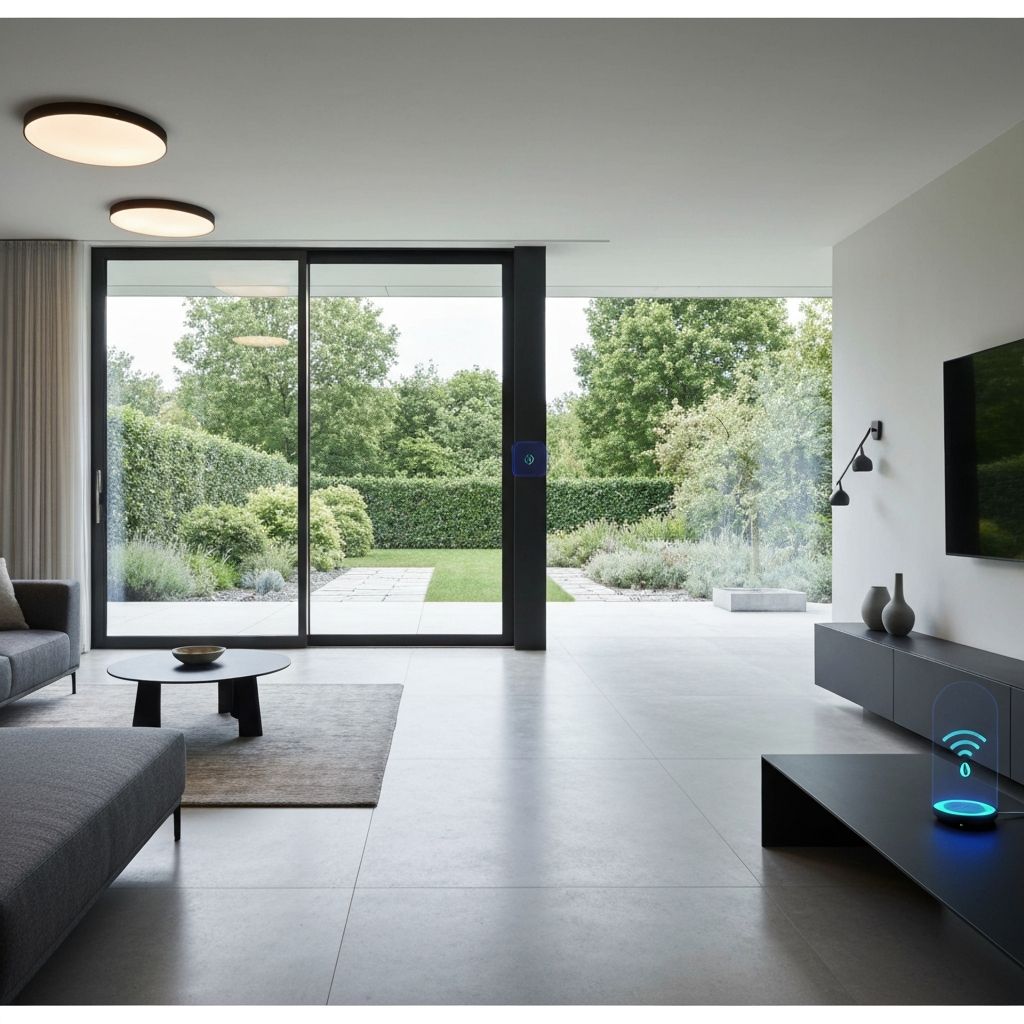 Modern smart home interior with automated lighting and climate control systems